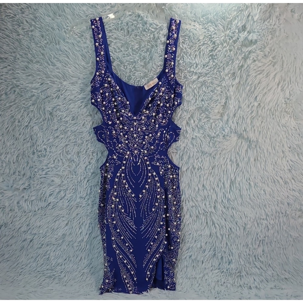 NIKBK Blue Rhinestone Beaded Bodycon Dress Women's Small S Cutout Short Party
